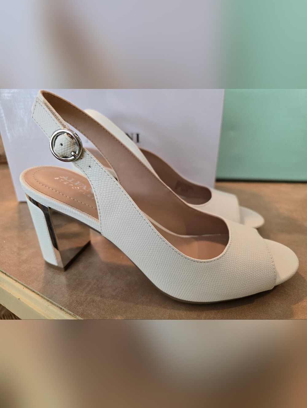 Alfani White Textured Slingback Peep-Toe Block Heels